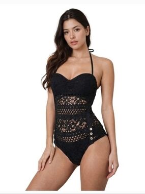 Robin Piccone Penelope Crochet Overlay Swimsuit Size 6 Black One Piece Swimwear